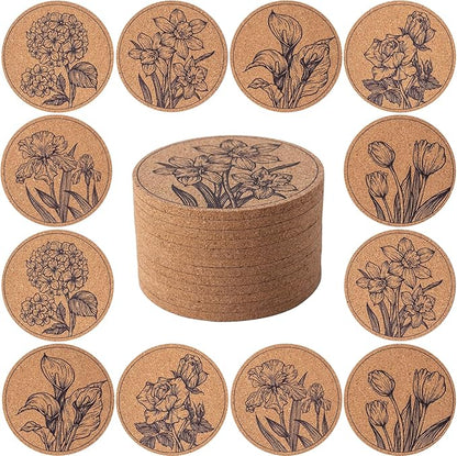 Cork Coasters for Drinks Absorbent Non Slip 12pcs 4 Inch Flower | Coaster for by Staruby