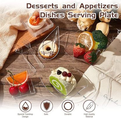 Tessco 800 Pcs Mini Appetizer Plates Set Including 400 Disposable Dessert Plates Assorted Shape 200 Mini Plastic Forks 200 Plastic Spoons for Party(Clear,Classic)