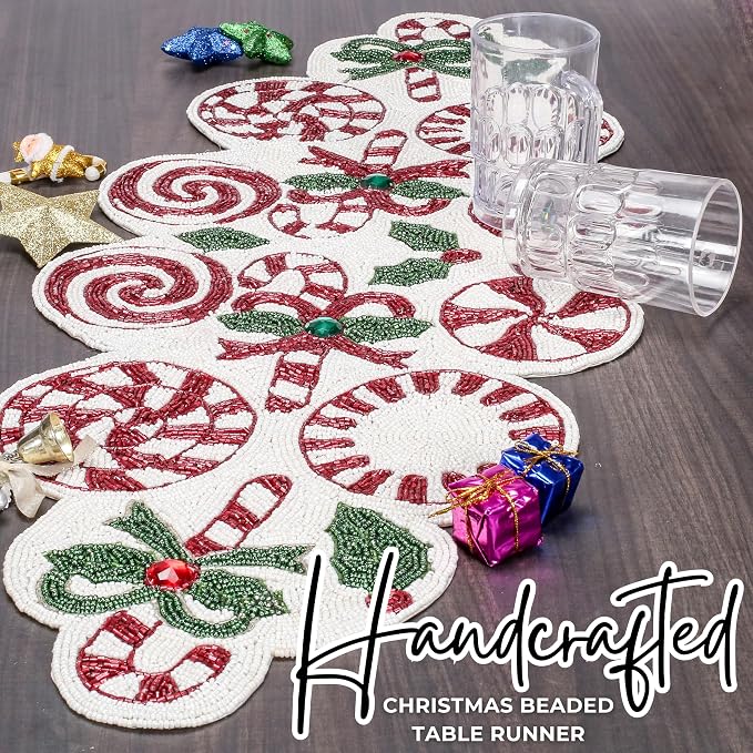 Christmas Beaded Table Runner, 13x36 | Handcrafted, 85% glass beads, polyester - Image 5