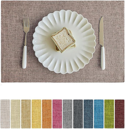 Softalker Faux Linen Placemats Set of 6-12 x 18 Inch, Heat Resistant Double Layered Durable Burlap Farmhouse Place Mats, Non-Slip Washable Rustic Table Mats for Dining, Kitchen, Party,Natural Linen