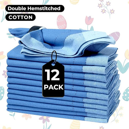 Bedding Craft Cotton Cloth Dinner Napkins Set of 12 – 20x20 Teal Blue Multi Double Hemstitched – Machine Washable Wedding & Party Fabric Table Napkins
