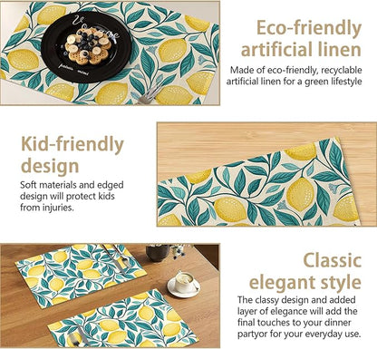 Placemats Set of 6 Lemon Leaf Place Mats Washable Kitchen Dining Linen Table Mats Stain Heat, for Home Party Indoor 12x18 in