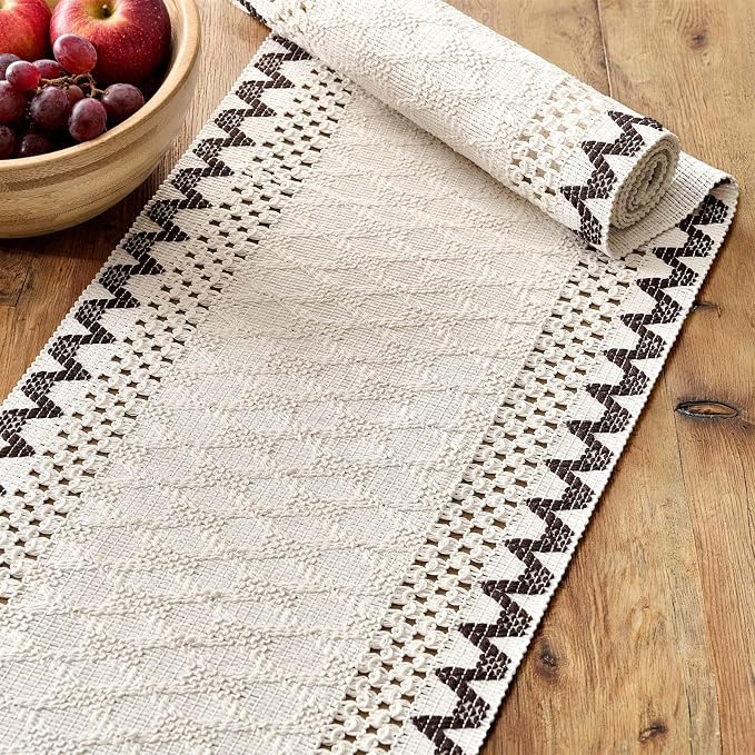Macrame Side Trim Boho Woven Table Runner, Chocolate 12x60 Inch | Crochet - Image 4