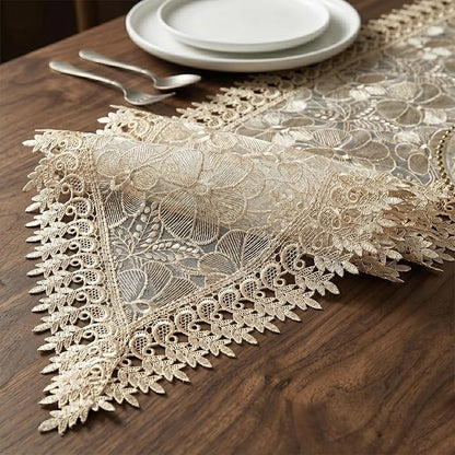 SIOLOC Champagne Lace Table Runner 14x48, Embroidered Floral Cutwork | Elegant - Image 5