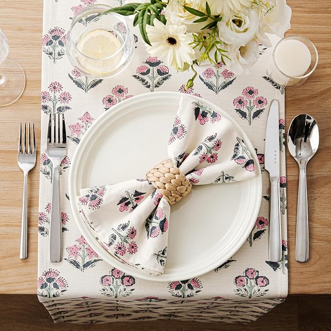 Block Print Floral Decorative Table Runners, 13x36 Inch Pink | 100% Organic - Image 3