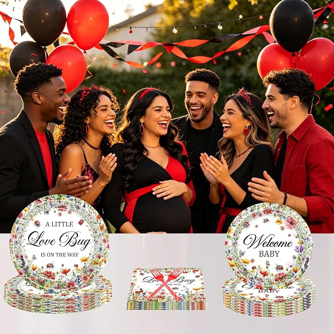 96 Pcs Love Bug Baby Shower Decorations, Floral Tableware Set | Includes paper - Image 7