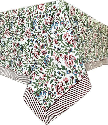 ATOSII Ambrosia 100% Cotton Rectangle Boho Spring Summer Tablecloth, Handblock Floral Table Cloth Linen for Kitchen Dining Parties Wedding Outdoors Easter Decor 60 X 108 Inches I 8 Seater