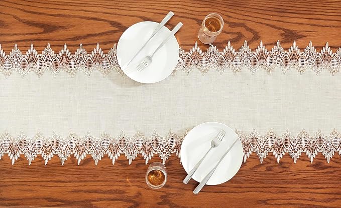 Natural Linen Table Runner 54 inches Beige Lace Coffee Table Runners | French - Image 5