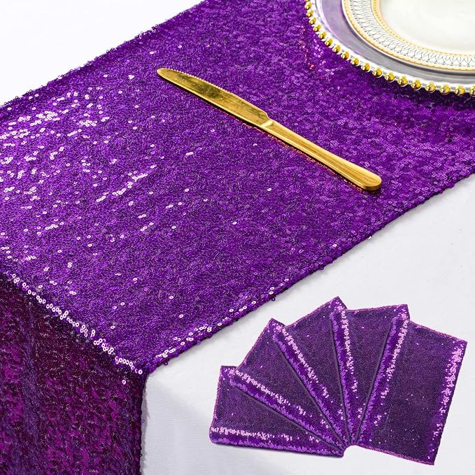 ShiDianYi Purple Bridal Shower Decorations 5Pcs Royal Purple 12''x72'' Sequin by ShiDianYi