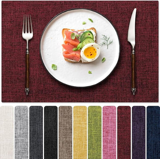 Blue Forest Placemats Set of 8, Dual-Layered Thickened Faux Linen Cloth Place Mats Heat Resistant Machine Washable Wrinkle Free Table Mats Indoor/Outdoor (Red)