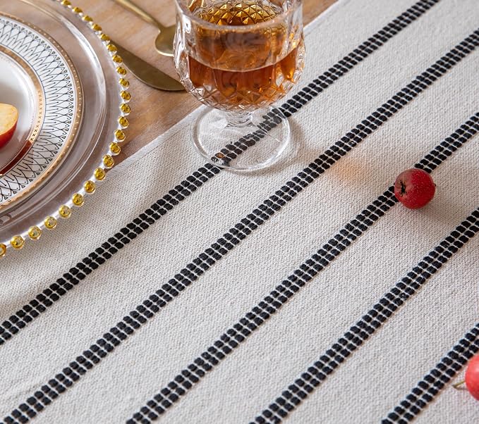 Caflife Boho Table Runner 60 Inchs Long Black and Beige, Cotton and Linen Woven - Image 3