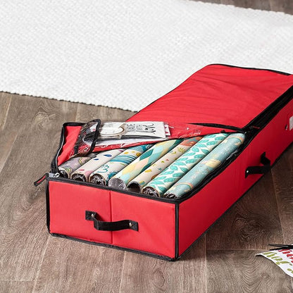 ZOBER Gift Wrapping Paper Organizer Storage - 40" Gift Wrap Storage Containers with Interior Pockets for Bows, Tags & Ribbons - Wrapping Paper Holder, 600D Oxford, Fits 24 Standard Rolls, Red/Black