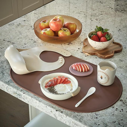 LINE+ARC Waterproof, Stain-Resistant, Heat-Safe Silicone Degrē Placemats (20.5x13, Set of 2 Stonewash) 3mm-High Rim Adults Babies Easy-to-Clean Washable Oval Modern Non-Slip Dining Table Mats
