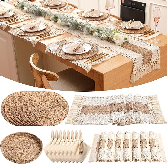 8 Sets Boho Decoration Placemats Round Woven Placemats, Cloth Napkins, Wood by Gandeer