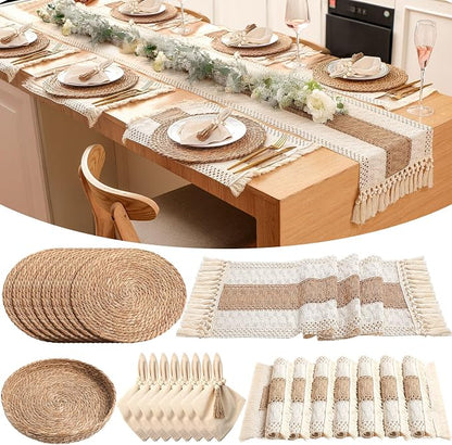8 Sets Boho Decoration Placemats Round Woven Placemats, Cloth Napkins, Wood by Gandeer