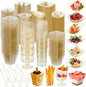 Tessco for you 1600 Pcs Mini Appetizer Plates Dessert Cups with Spoons Forks Set Assorted Shape Plastic Parfait Cups Dessert Plates Container Bowls with Disposable Spoon Fork for Party(Gold Glitter)