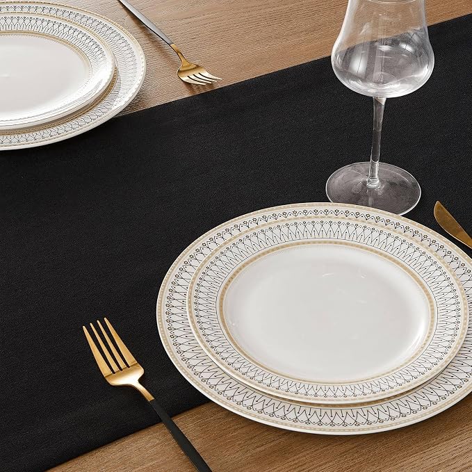 Linen Textured Border Table Runner, 14 x 60 Inch Black | Mitered Corner Design - Image 5