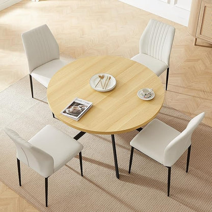 45.3'' Walnut Round Dining Table Set for 4, Mid Century Modern Small Coffee Set for Dining Room Kitchen Apartment (Cream Table + 4 White Chairs)