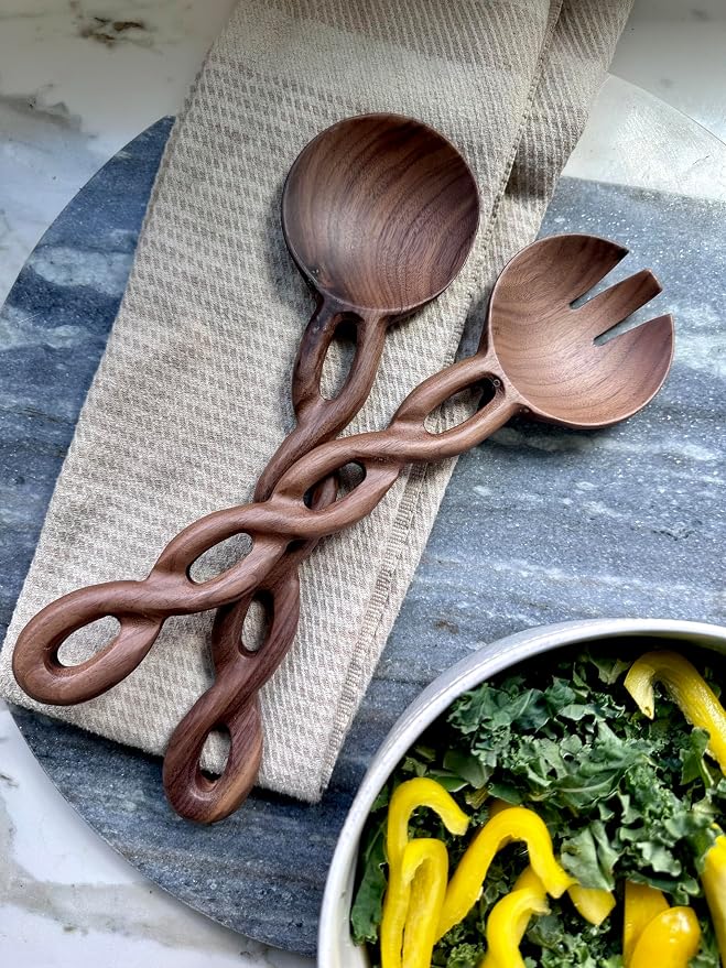 Salt & York 13-Inch Walnut Wood Salad Tongs, Handcrafted Wooden Serving Utensils - Image 7