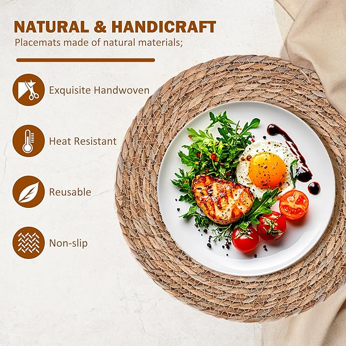 Defined Deco Woven Placemats Set of 6,12" Round Rattan Placemats,Natural Hand-Woven Water Hyacinth Placemats,Farmhouse Weave Place Mats,Rustic Braided Wicker Table Mats for Dining Table,Home,Wedding.