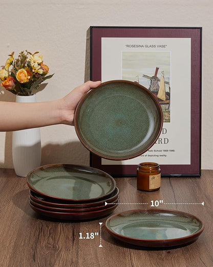 Ceramic Dinner Plates Set of 6, 10 Inch Handmade Reactive Glaze Stoneware Plates, Modern Rustic Dinnerware, Microwave & Dishwasher Safe, Scratch Resistant-Brown and Green