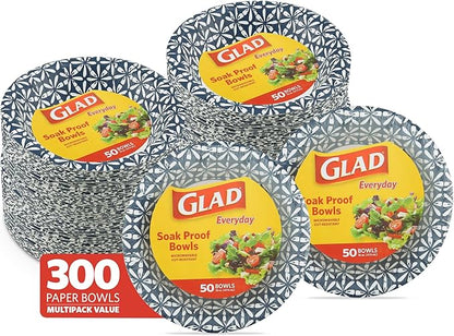 Glad Disposable Paper Bowls With Blue Mosaic Design, 16 Ounces, Soak Proof, Cut-proof, Microwaveable, 300 Count