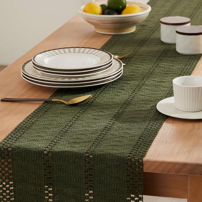 Macrame Style Boho Table Runner, 12x108 Inch Olive | Woven Boho Table Runner - Image 5