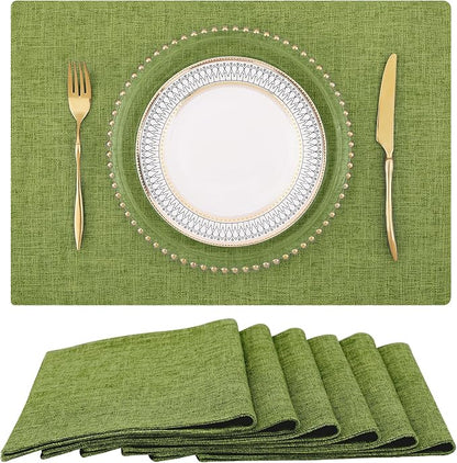 homing Cotton Linen Placemats Set of 6, Cloth Washable Farmhouse Dining Table Mats for Indoors & Outdoors, Easy to Clean, Grass Green, 13 x 19 Inch