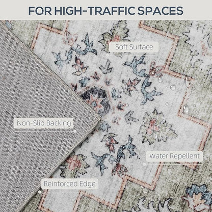 HOMCOM Washable Area Rug, 8'x10' Vintage Indoor Distressed Carpet, Retro Floor Cover Foldable, Floral Print Mat for Living Room, Bedroom, Dining Room, Brown and Green