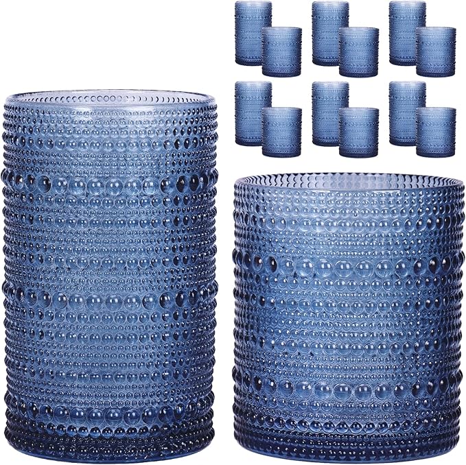 Moretoes 12 Pack Blue Hobnail Drinking Glasses, Vintage Water Glass Cups | by Moretoes