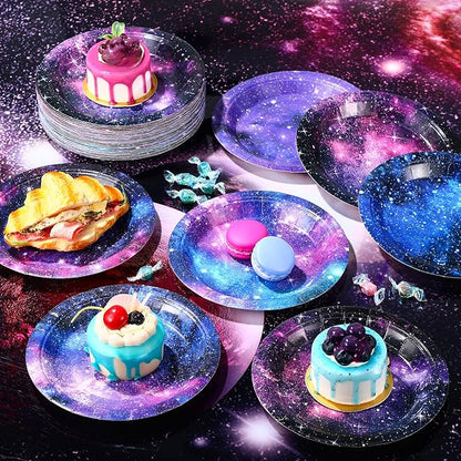 60 Pcs 7 Inch Space Galaxy Paper Plates Outer Space Theme Birthday Party Supplies Starry Night Solar System Planet Party Decorations for Girls Boys Birthday Baby Shower