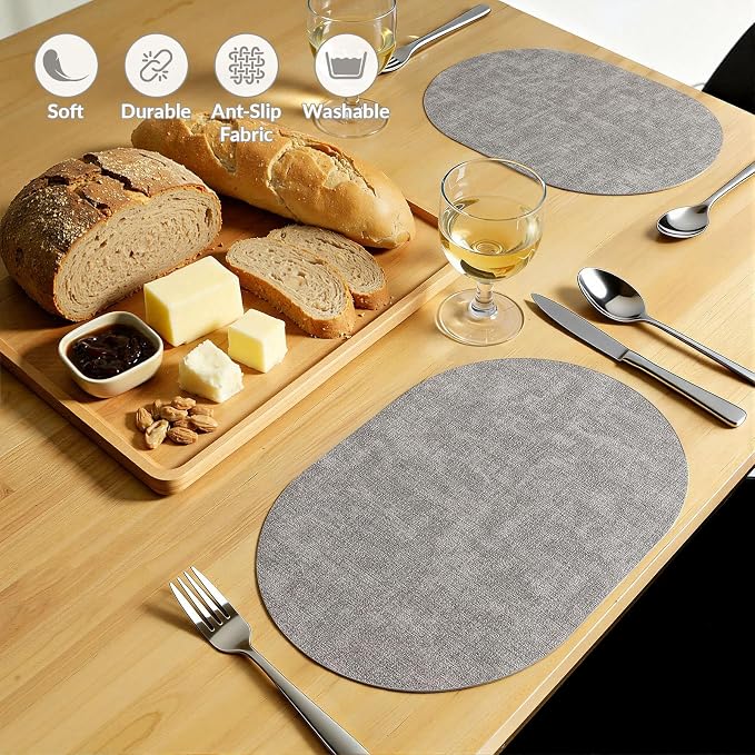 Placemats Set of 4, 11.8 x 17 Inch, Light Grey | Heat Resistant Oval Faux - Image 6