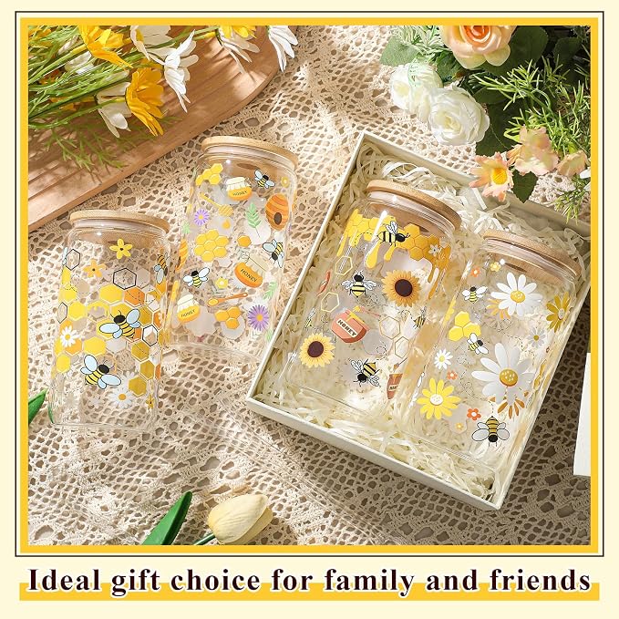Mumufy 4 Pack Wildflower Glass Cups Gift Aesthetic Cute Glass Cup Tumbler - Image 6