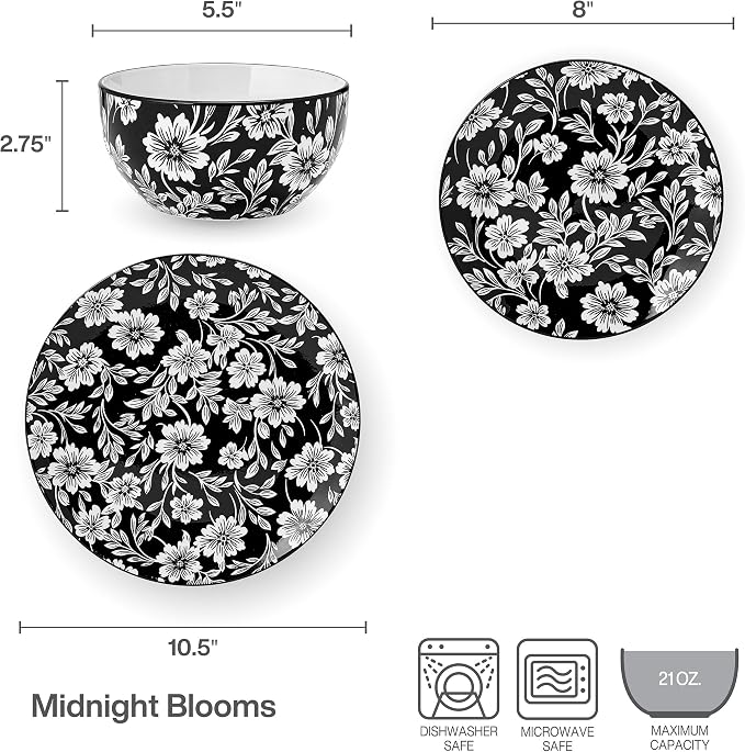Pfaltzgraff Midnight Blooms 12 Piece Floral Stoneware Dinnerware Plate Bowl - Image 3