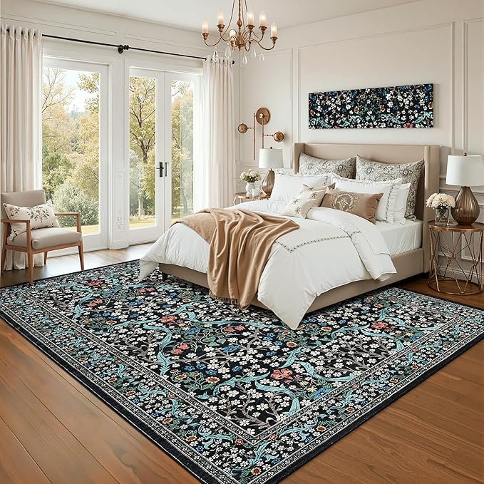 GarveeHome 8x10 Area Rugs, Washable Rugs for Living Room Non Slip Stain Resistant Ultra Soft Floral Rug, Boho Carpet Floor Mat for Bedroom Dining Room Nursery Playroom Office, Black