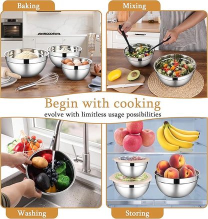 LIANYU Mixing Bowls with Visible Airtight Lids, 3Pcs Stainless Steel Large Metal Nesting Kitchen Bowls Set, 4.6 & 3 & 1.5QT Size Ideal for Mixing, Baking, Serving, Dishwasher & Freezer Safe, Khaki
