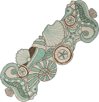 Beaded Table Runner 13x36 Coastal Sea Shell Premium Glass Beads & Polyester by ALPHALivingHOME