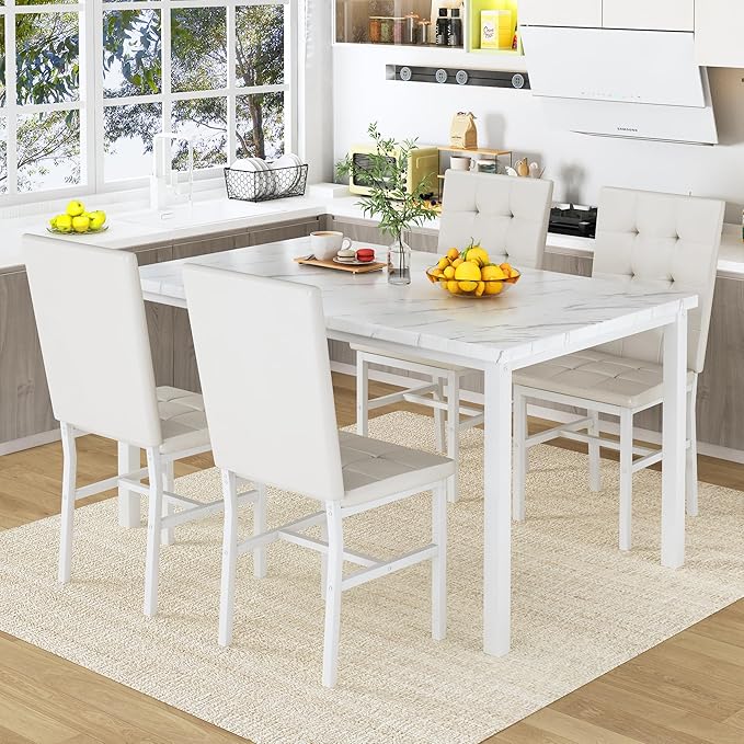 AWQM Dining Table Set for 4,Faux Marble Kitchen Table and Chairs Set of 4, Modern Dining Room Table Set for 4,Dinner Table with 4 Leather Chairs, Dinette Set for Small Spaces,White