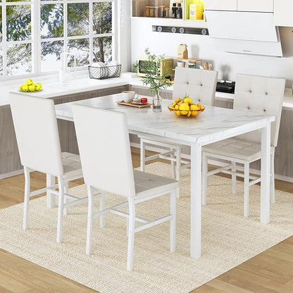 AWQM Dining Table Set for 4,Faux Marble Kitchen Table and Chairs Set of 4, Modern Dining Room Table Set for 4,Dinner Table with 4 Leather Chairs, Dinette Set for Small Spaces,White