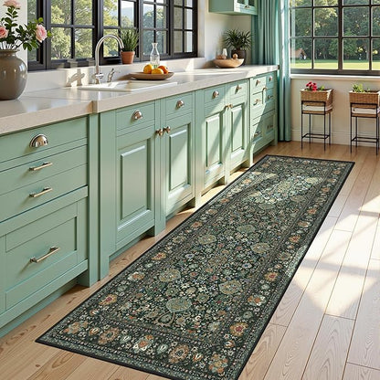 Runner Rugs 3x8 Boho Washable Area Rugs for Entryway Bathroom Kitchen, Long Rugs for Hallway Soft Low Pile Non-Slip Rubber Backing Oriental Dark Green
