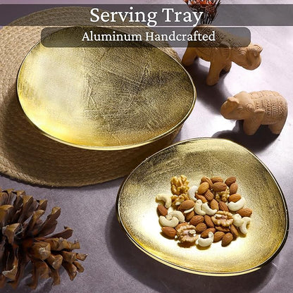 CLEENTABLE Oval Metal Serving Trays | Stylish Vanity Organizer or Catchall Valet Display | Handmade Metal Platter for Vanity Organizer Tray for Camping, BBQ, Party, Buffet, Appetizer (Gold)