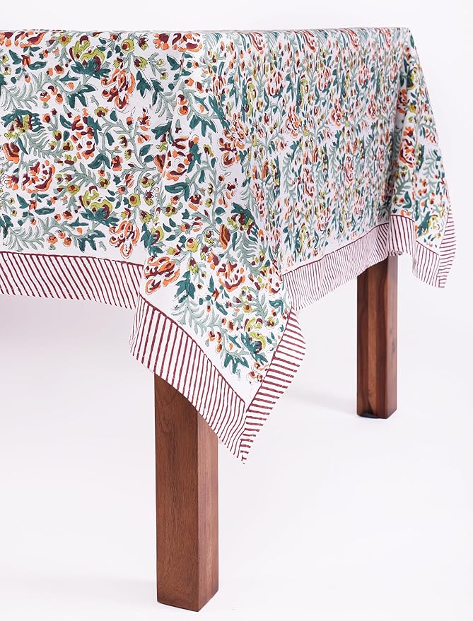 ATOSII Ambrosia Green 100% Cotton Boho Rectangle Spring Tablecloth, Handblock Floral Print Table Cloth Linen for Kitchen Dining I Parties Outdoors Weddings Easter Picnics I 72 X 108 Inches I 8 Seater