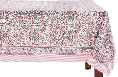 ATOSII Nargis Pink 100% Cotton Rectangle Boho Spring Tablecloth, Handblock Floral Table Cloth Linen for Kitchen Dining I Parties Wedding Outdoors Easter Holidays Home Decor 60 X 90 Inches I 6 Seater