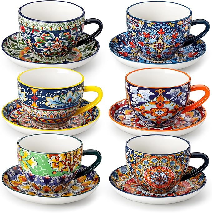 vancasso 8 Oz Cappuccino Cups, Porcelain Tea Cups and Saucers Set of 6 | by vancasso