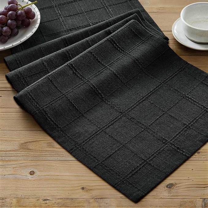 Linen Checked Farmhouse Table Runner, 13x48 Inches Black | Raised Grid Design by ZEEMARTONLINE