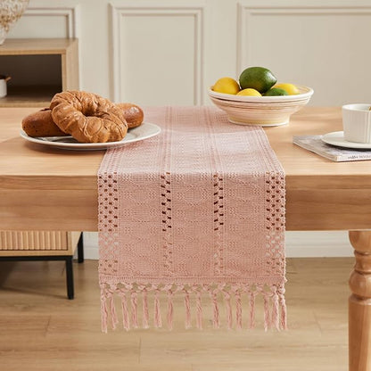 Macrame Style Boho Table Runner, 12x60 Inch Light Pink | Woven Boho Table Runner - Image 2