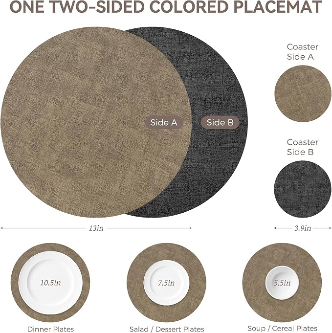 NCUE 13" Faux Leather Round Placemats Set of 6, Reversible Dual-Color | - Image 4