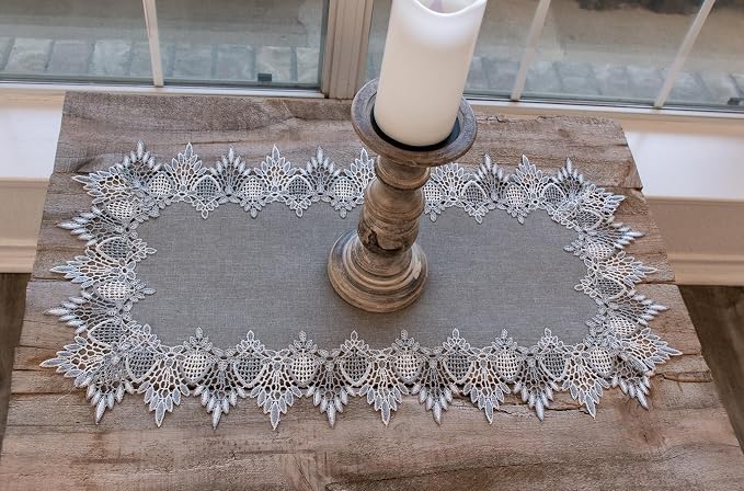 Lace Runner Earth Tone Silver Lace on Silver Fabric Table Runners, Dresser Scarf - Image 5
