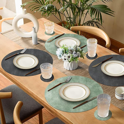 Round Placemats and Coasters Set of 6, Washable Reversible Faux Leather Placemats Cowhide Pattern Place Mats Wipeable Non-Slip 15 inch Round Kitchen Dining Table Mats (Gray Green, 6)