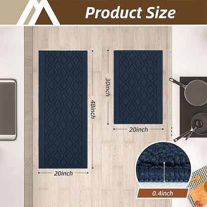 COSY HOMEER 48x20Inch/30X20Inch Kitchen Rugs Sets Non-Slip Washable Kitchen Mats for Floor Polypropylene Absorbent Kitchen Runner for Kitchen Sink Hallway Entryway,Navy Blue
